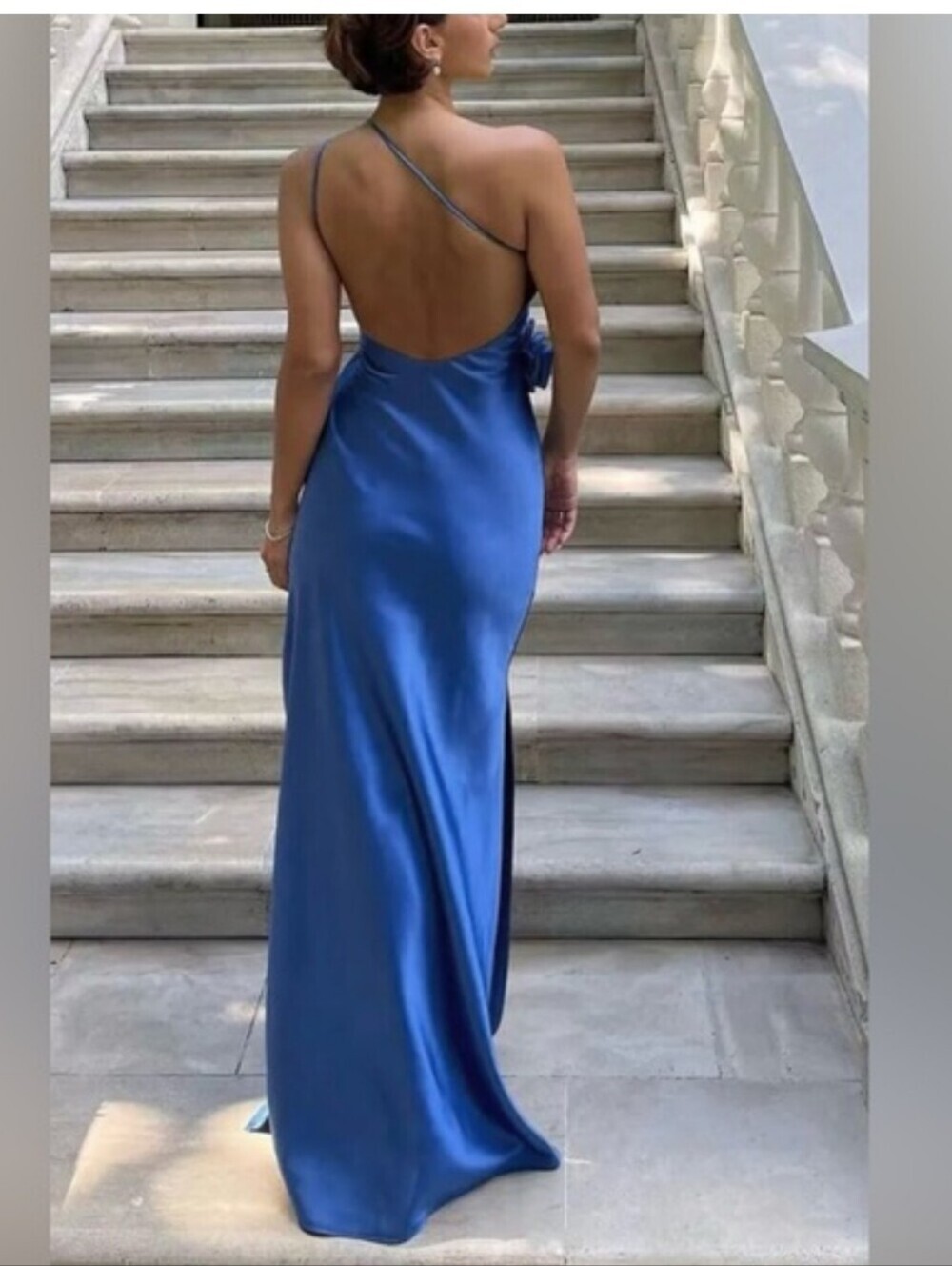 COMMENSE BLUE SATIN NWT OPEN BACK MAXI STRAPS DRESS ROSE DETAIL WOMENS SZ XL - Picture 4 of 16